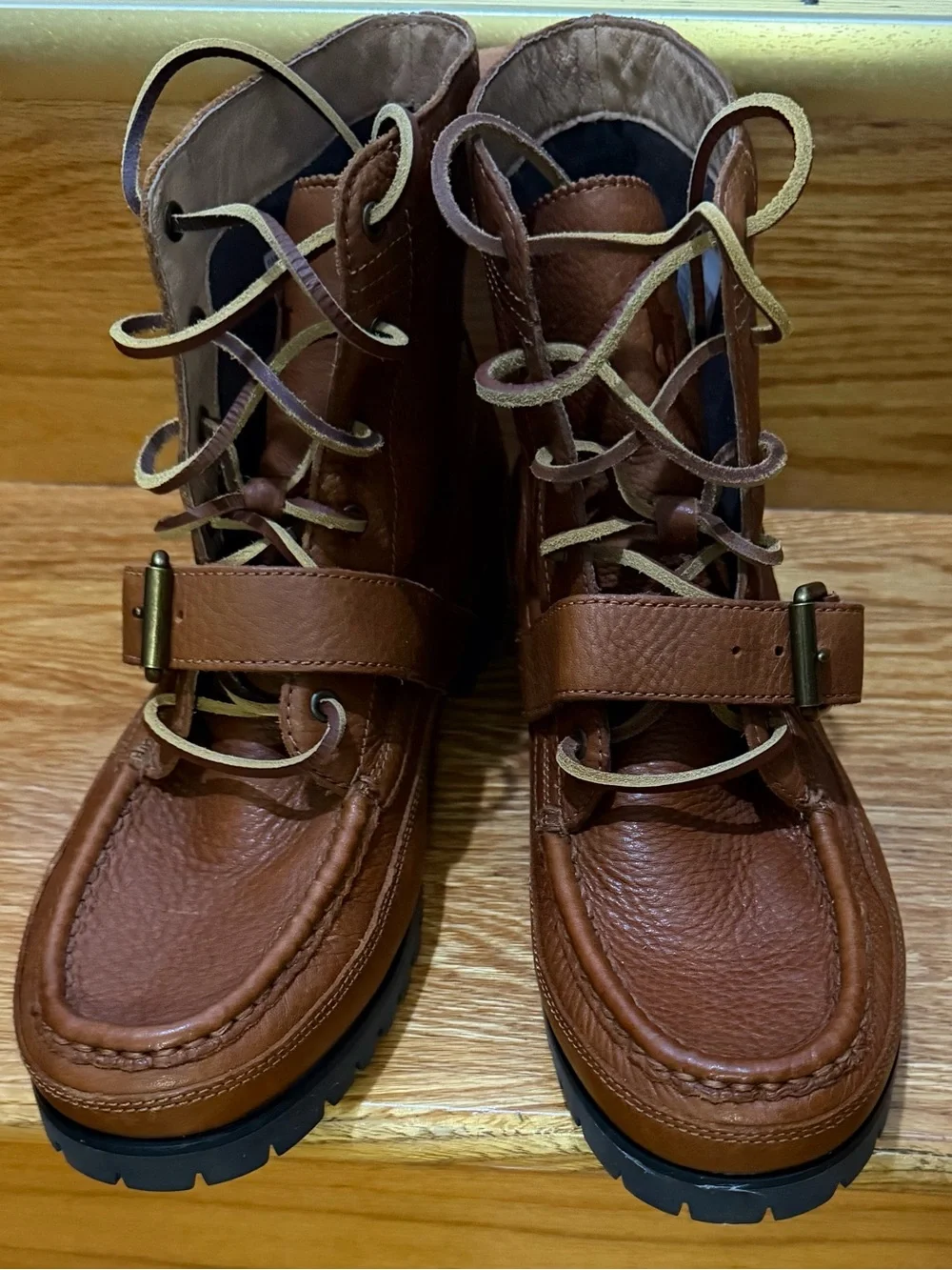 Polo by Ralph Lauren Tan Brown Leather Men’s Lace-Up Buckle Boots